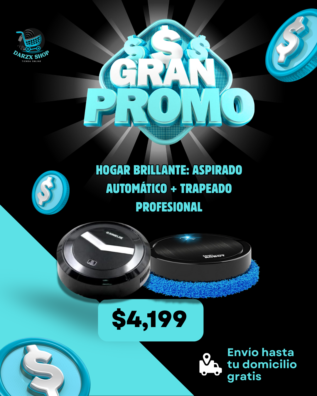 MEGA COMBO: HOGAR BRILLANTE: ASPIRADO AUTOMATICO+TRAPEADOR PROFESIONAL