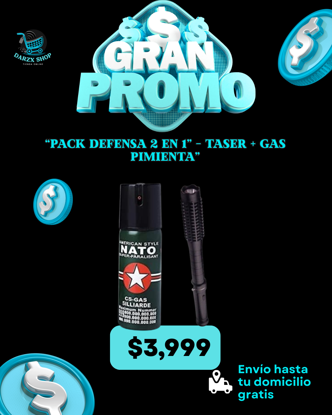 MEGA COMBO: PACK DEFENSA 2 EN 1, MACANA TASER+GAS PIMIENTA