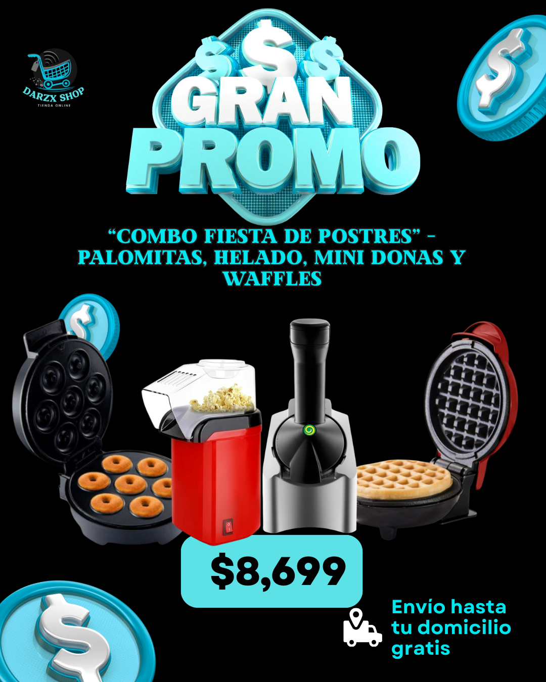 MEGA COMBO: COMBO FIESTA DE POSTRES, PALOMITAS+HELADO+MINI DONAS+WAFFLES