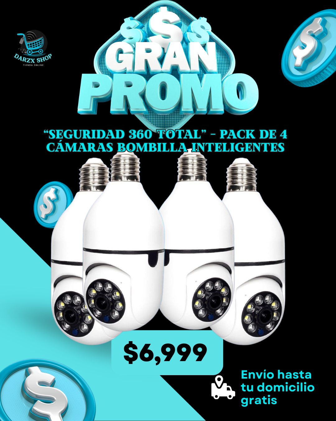 MEGA COMBO: SEGURIDAD 360 TOTAL, PACK DE 4 CAMARAS BOMBILLA INTELIGENTES
