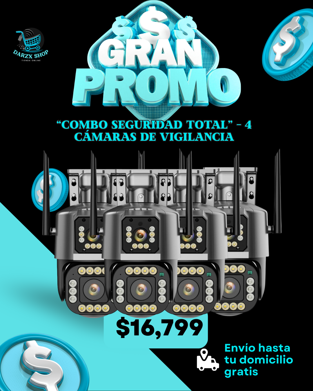 MEGA COMBO: COMBO SEGURIDAD TOTAL, 4 CAMARAS DE VIGILANCIA