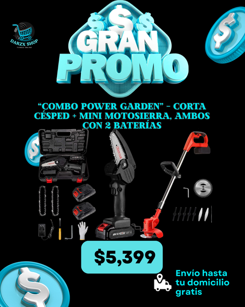 MEGA COMBO: COMBO POWER GARDEN, CORTA CESPED+MINI MOTOSIERRA, AMBOS CON 2 BATERIAS
