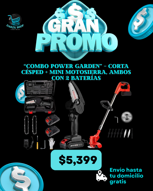 MEGA COMBO: COMBO POWER GARDEN, CORTA CESPED+MINI MOTOSIERRA, AMBOS CON 2 BATERIAS