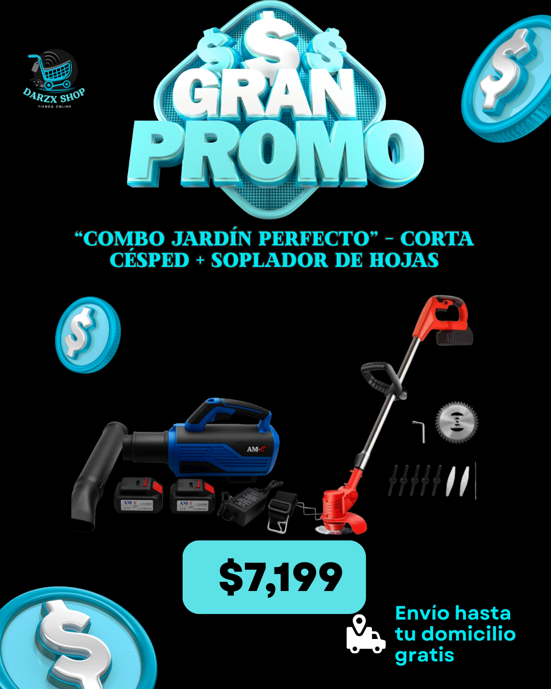 MEGA COMBO: COMBO JARDIN PERFECTO, CORTA CESPED+SOPLADOR DE HOJAS