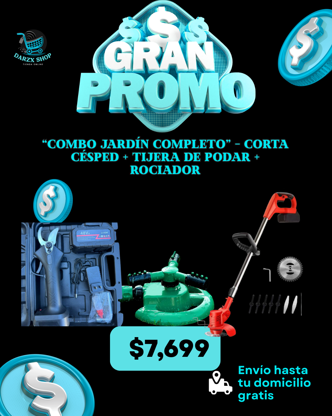 MEGA COMBO: COMBO JARDIN COMPLETO; CORTA CESPED+TIJERA DE PODAR+ROCIADOR