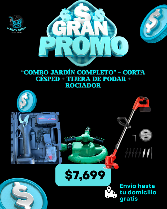 MEGA COMBO: COMBO JARDIN COMPLETO; CORTA CESPED+TIJERA DE PODAR+ROCIADOR