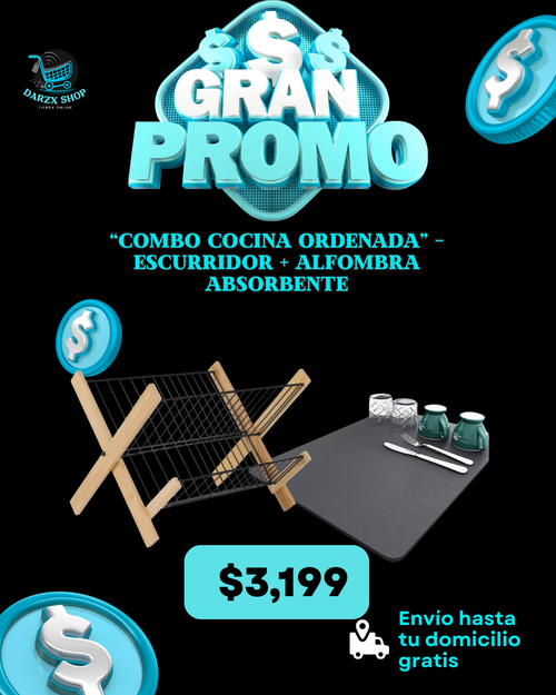 MEGA COMBO: COMBO COCINA ORDENADA, ESCURRIDOR+ALFOMBRA ABSORBENTE