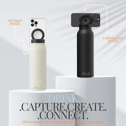 BOTELLA DE AGUA AISLADA CON SOPORTE PARA TELÉFONO