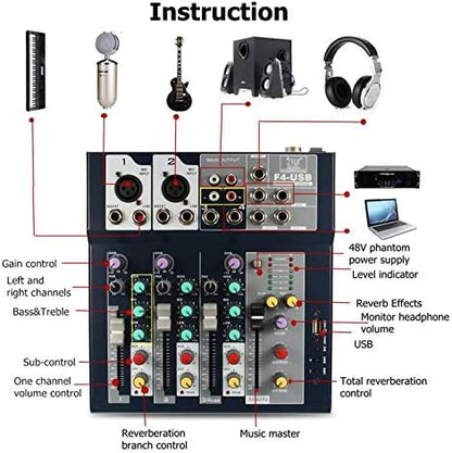 MEZCLADOR DE AUDIO 4 CANALES MIXER F4-USB
