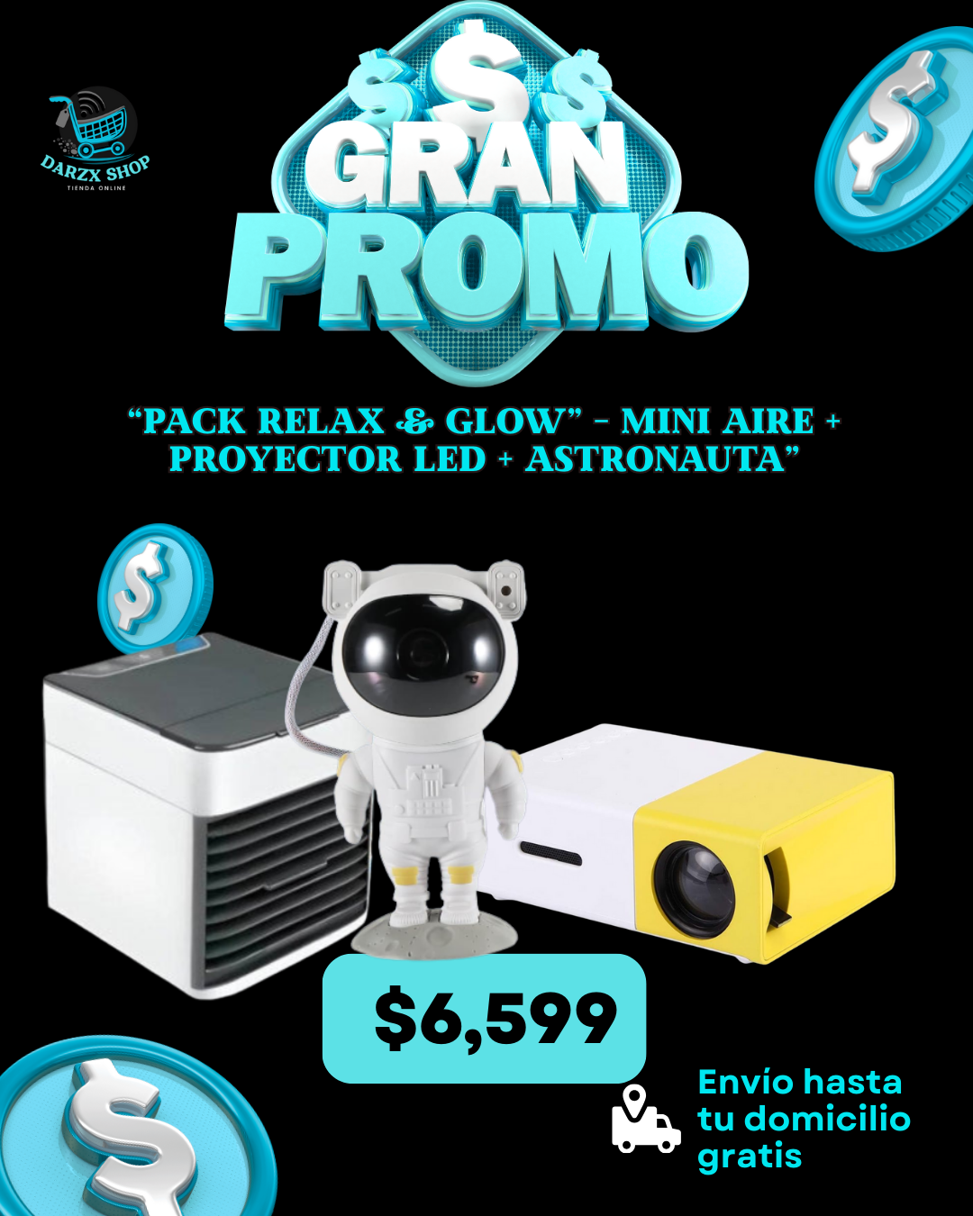 MEGA COMBO: PACK RELAX Y GLOW, MINI AIRE+PROYECTOR LED+PROYECTOR LED ASTRONAUTA