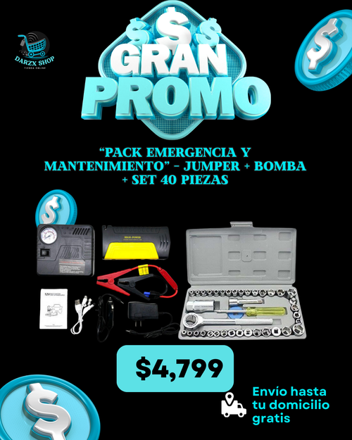 MEGA COMBO: PACK DE EMERGENCIA Y MANTENIMIENTO; JUMPER+BOMBA DE AIRE+SET DE CUBO 40 PIEZAS