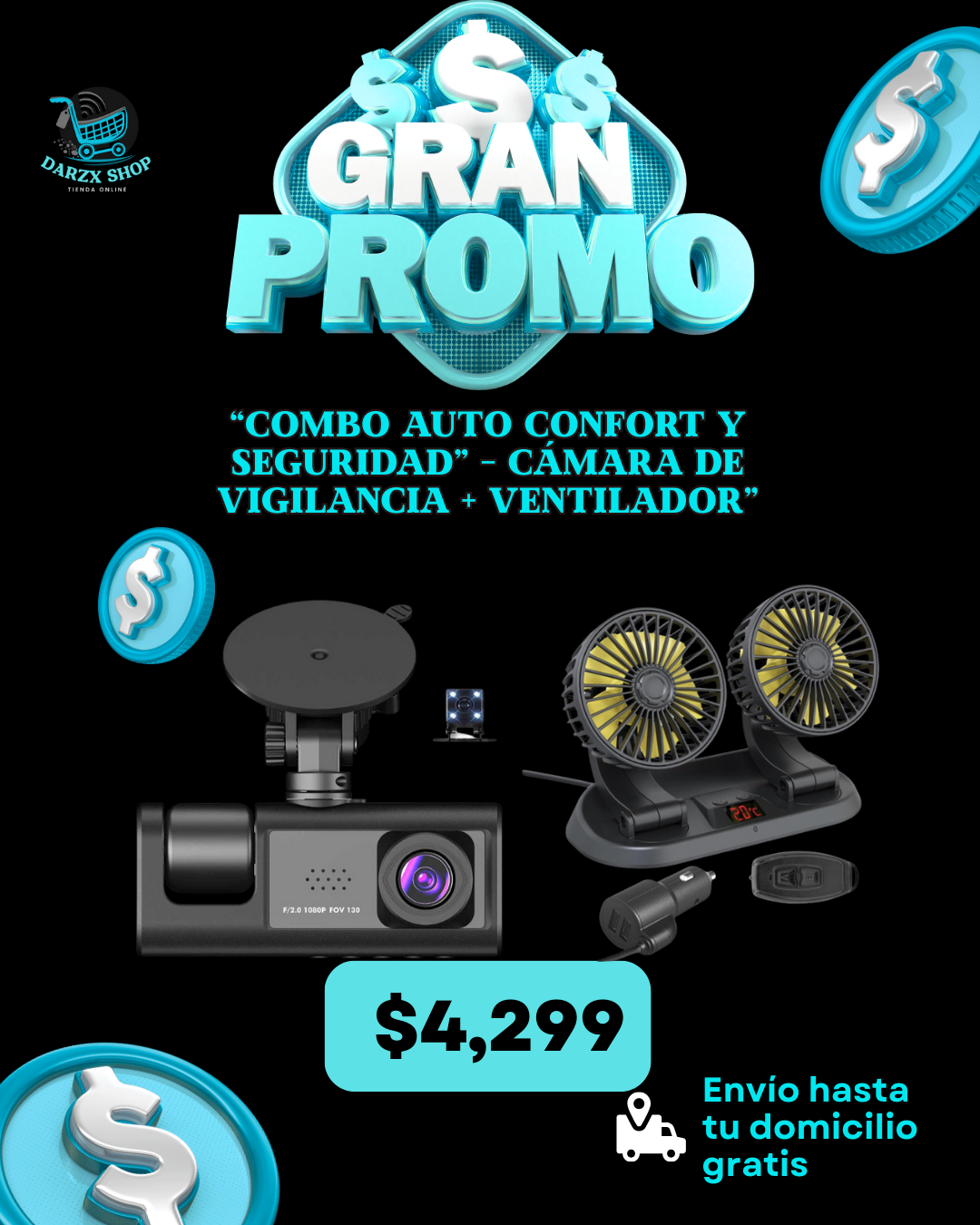 MEGA COMBO: COMBO ALTO CONFORT Y SEGURIDAD, CAMARA DE VIGILANCIA+VENTILADOR PARA AUTOS