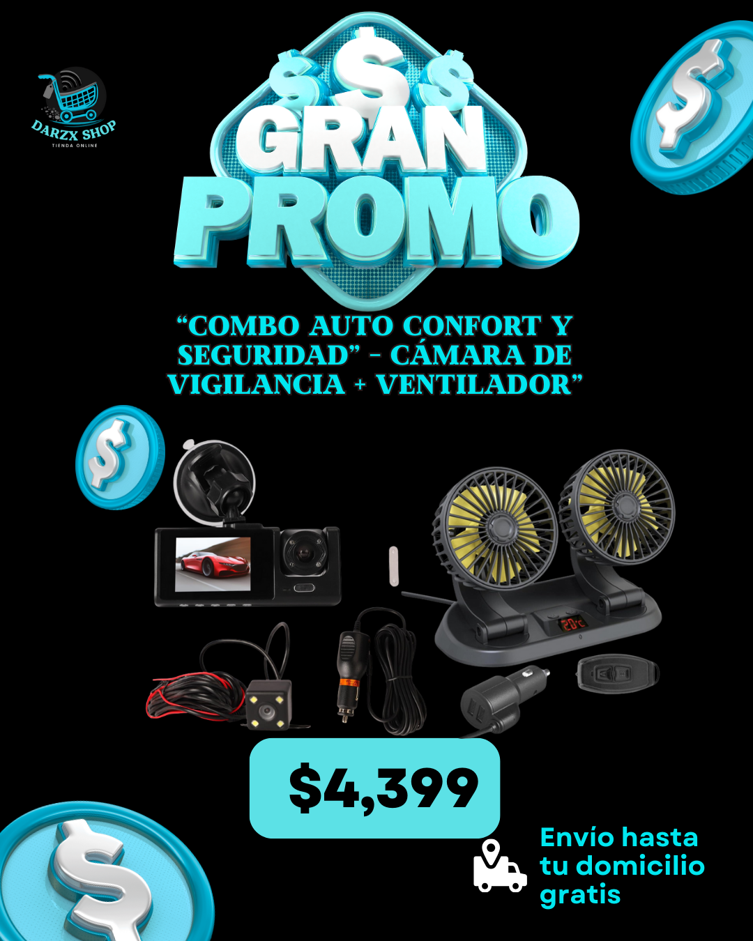 MEGA COMBO: COMBO AUTO CONFORT Y SEGURIDAD, CAMARA DE VIGILANCIA+VENTILADOR