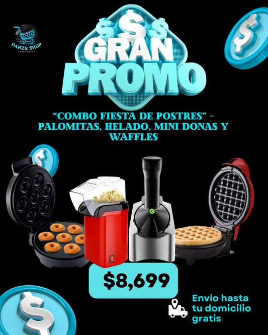 MEGA COMBO: COMBO FIESTA DE POSTRES, PALOMITAS+HELADO+MINI DONAS+WAFFLES